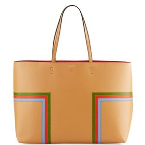 Tory Burch Block-T Striped Leather Tote Bag Crema